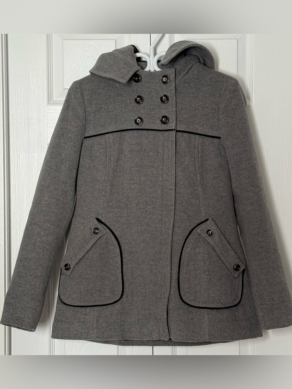 Soia & Kyo, Gray Women's Hooded Peacoat Jacket, Size Medium